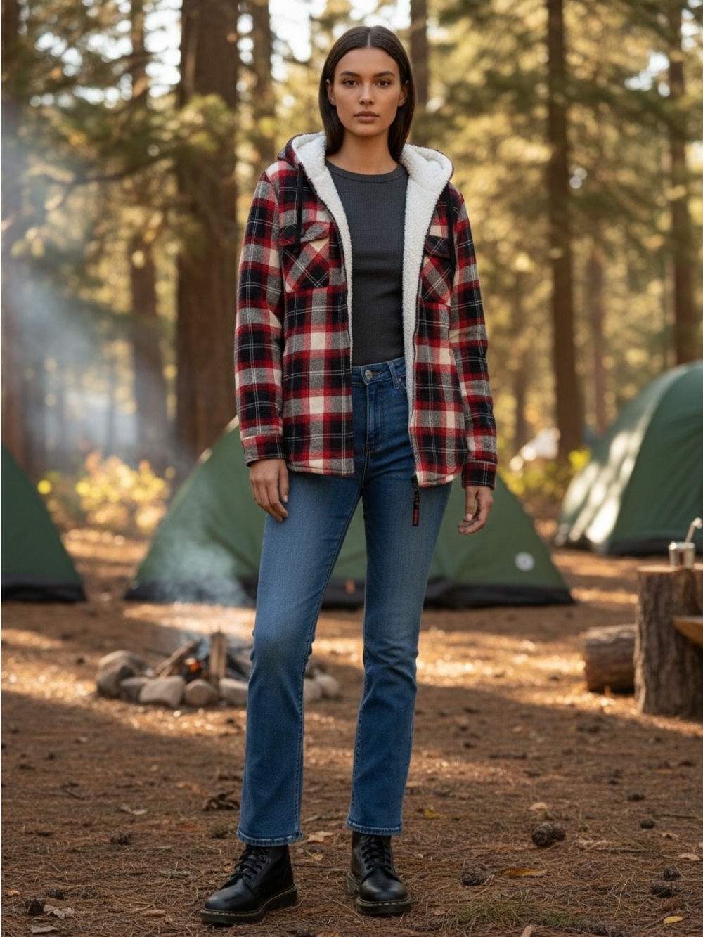 Tough Duck Plush Pile-Lined Flannel Shirt Jacket Red Plaid Hooded Zip Up Size XL
